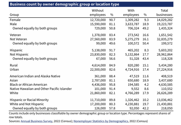 A table showing business counts categorized by owner demographic group and location type, with breakdowns for businesses with and without employees.