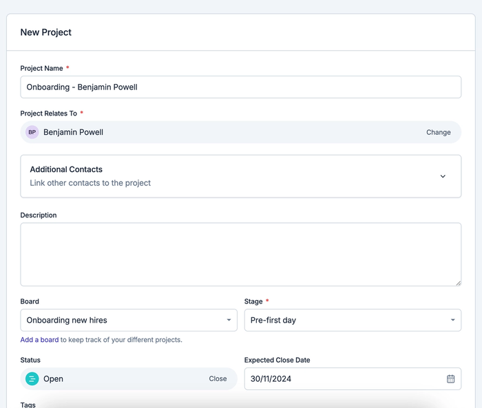 A screenshot shows how to add new employees to your onboarding project. In this case, each new employee is a new project