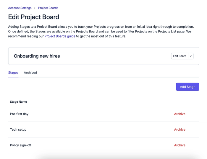 This screenshot shows the settings for creating and editing project boards in Capsule