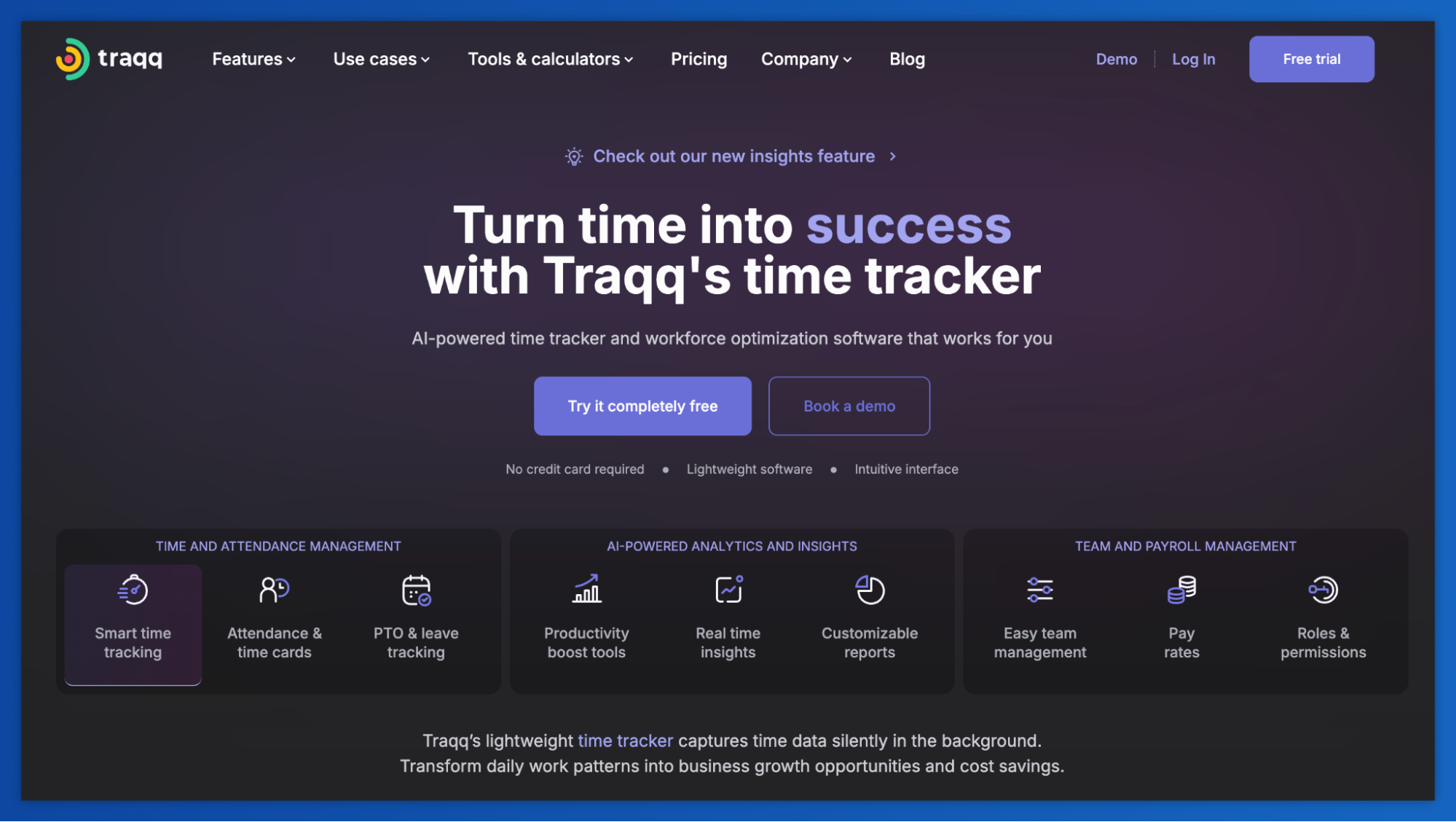 Traqq time tracker software landing page with headline 'Turn time into success' and feature sections for time management, analytics, and payroll.