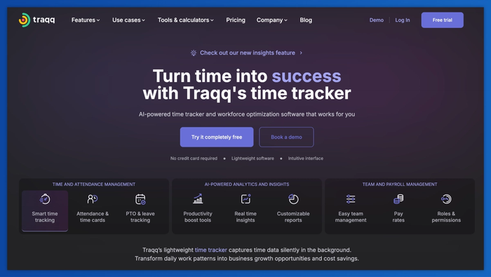 Traqq time tracker software landing page with headline 'Turn time into success' and feature sections for time management, analytics, and payroll.