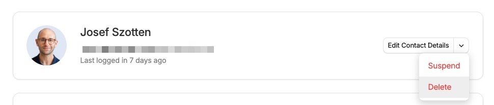 Dropdown next to a user's name showing the option to delete the user.