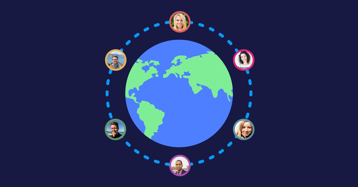 Image depicts different people dotted around the world to represent the community management package.