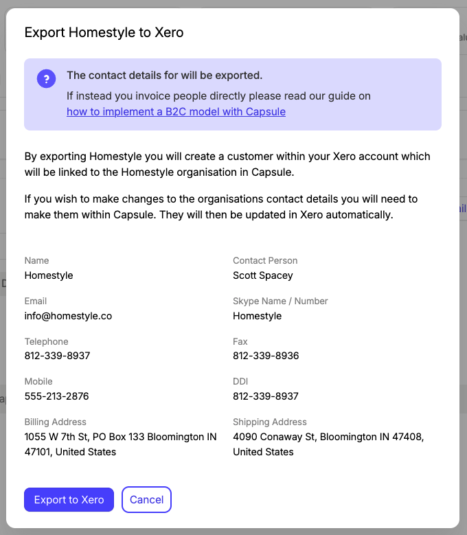 Fenêtre d’exportation pour ajouter le contact à Xero