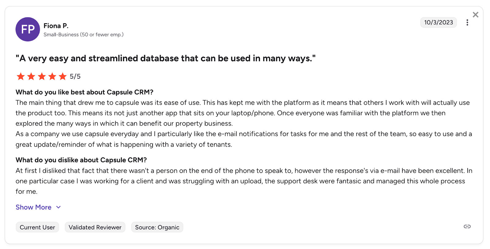 A 5-star customer review for Capsule CRM by Fiona P., with the headline "A very easy and streamlined database that can be used in many ways."
