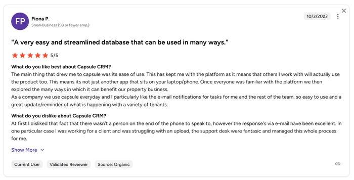A 5-star customer review for Capsule CRM by Fiona P., with the headline "A very easy and streamlined database that can be used in many ways."
