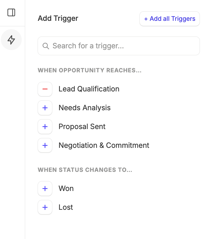 a list of all the triggers available for a workflow automation