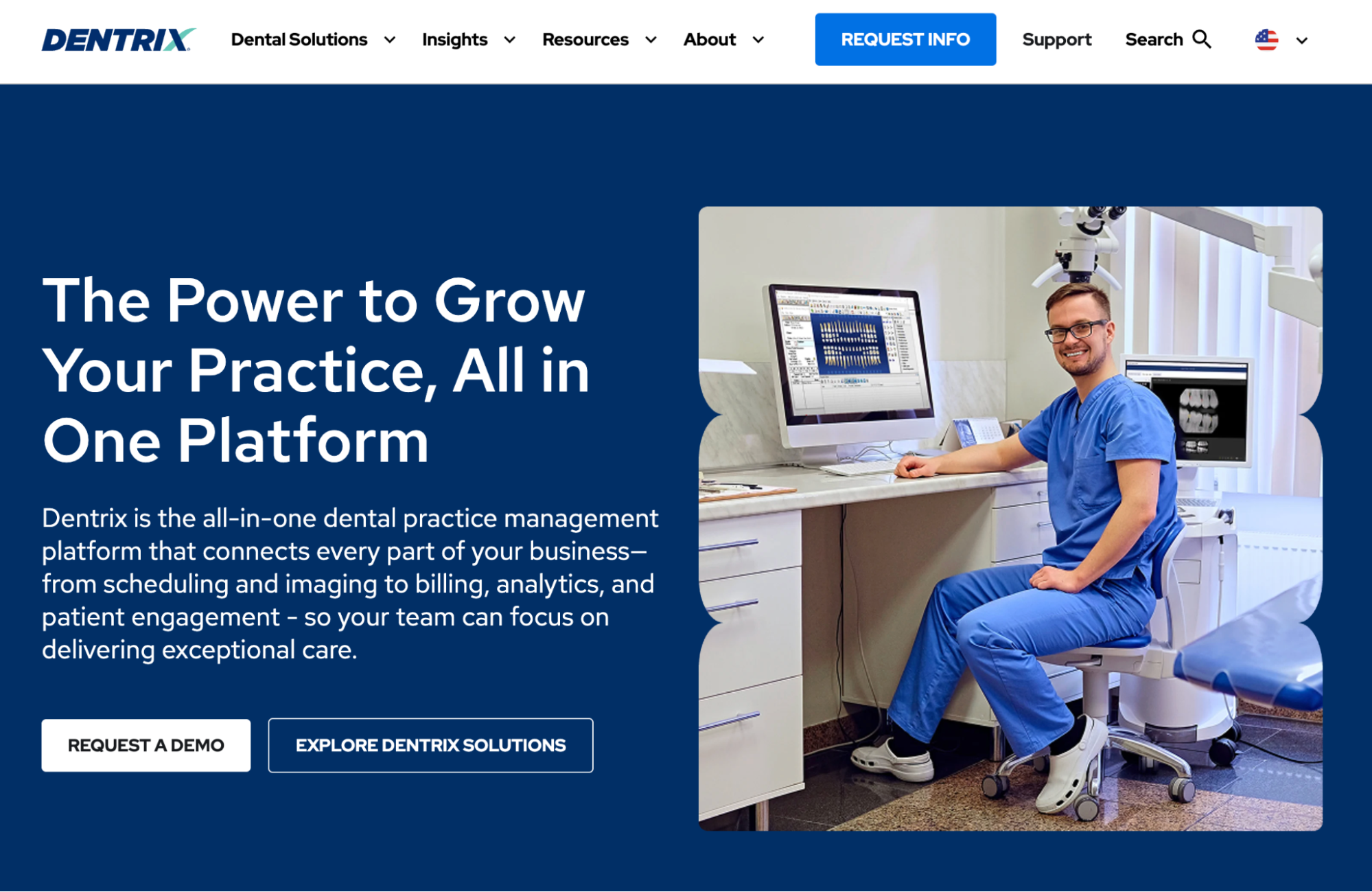 Dentrix homepage displaying a smiling dental professional at a computer showing dental records, next to the headline "The Power to Grow Your Practice, All in One Platform."