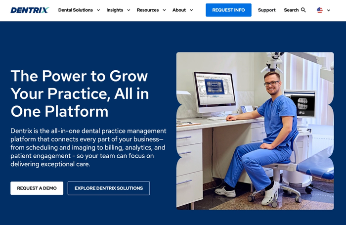 Dentrix homepage displaying a smiling dental professional at a computer showing dental records, next to the headline "The Power to Grow Your Practice, All in One Platform."