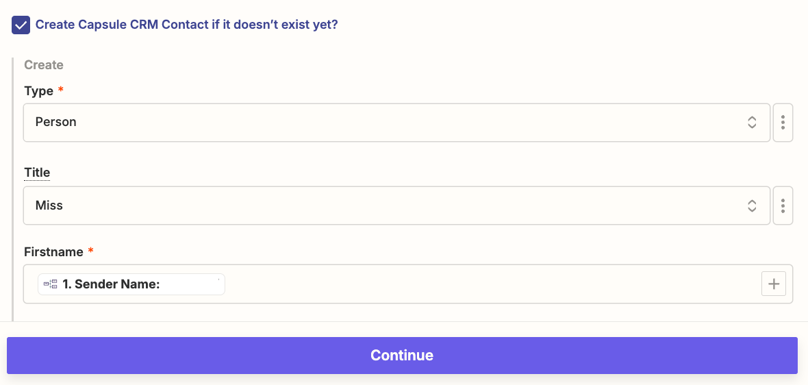 showing mapped fields for creating a new contact in find step