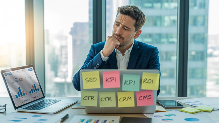A man looks thoughtfully at his laptop covered in sticky notes labeled SEO, KPI, ROI, CRM, and CTR, surrounded by data charts and graphs.