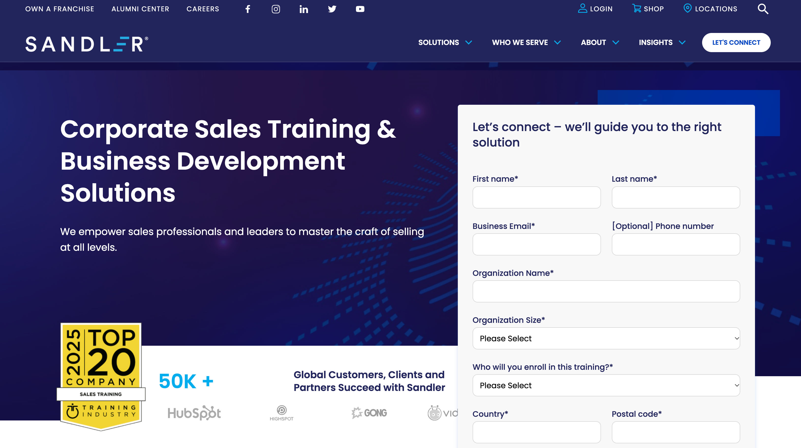 Sandler website homepage displaying "Corporate Sales Training & Business Development Solutions", a "2025 Top 20 Company Sales Training" badge, and a "Let's connect" contact form.