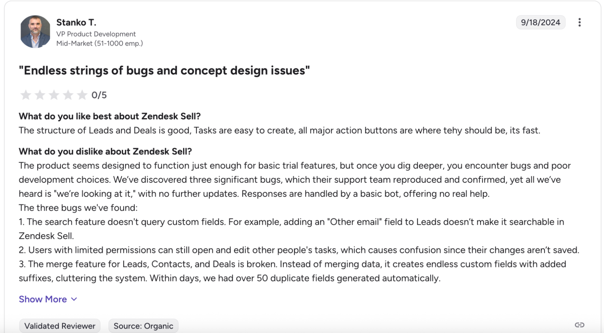 Zendesk Sell review criticizing bugs and design issues.