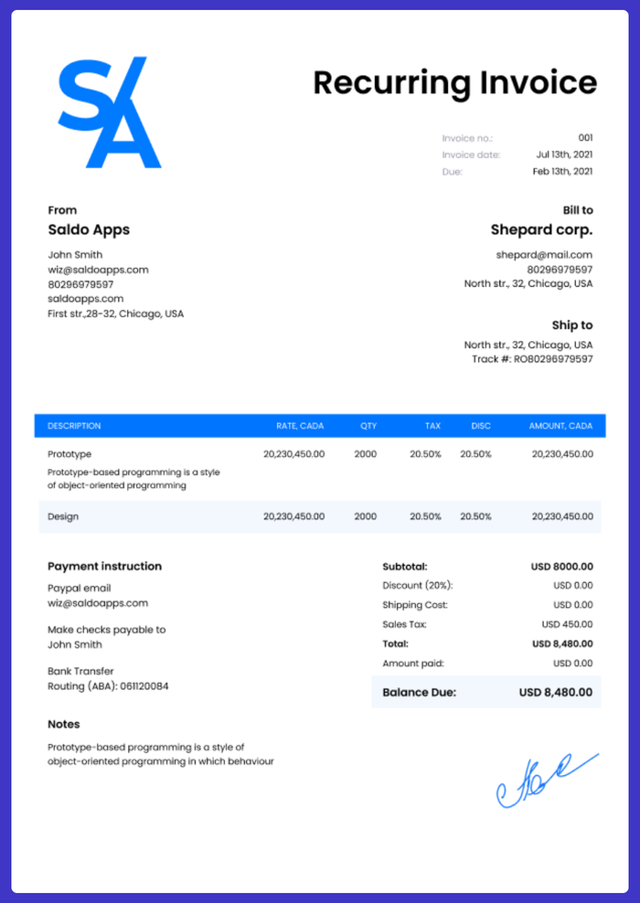 A recurring invoice template.