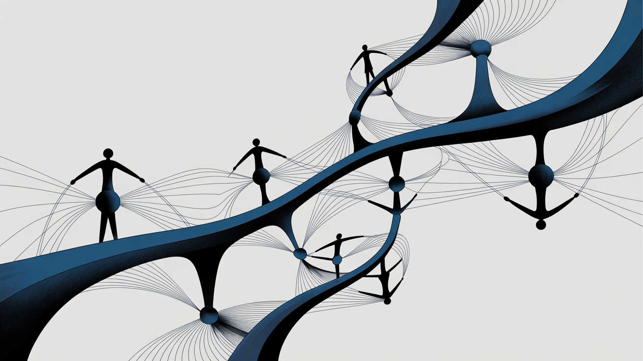 Stylized black human figures walking and hanging on a twisting blue double helix with radiating lines.