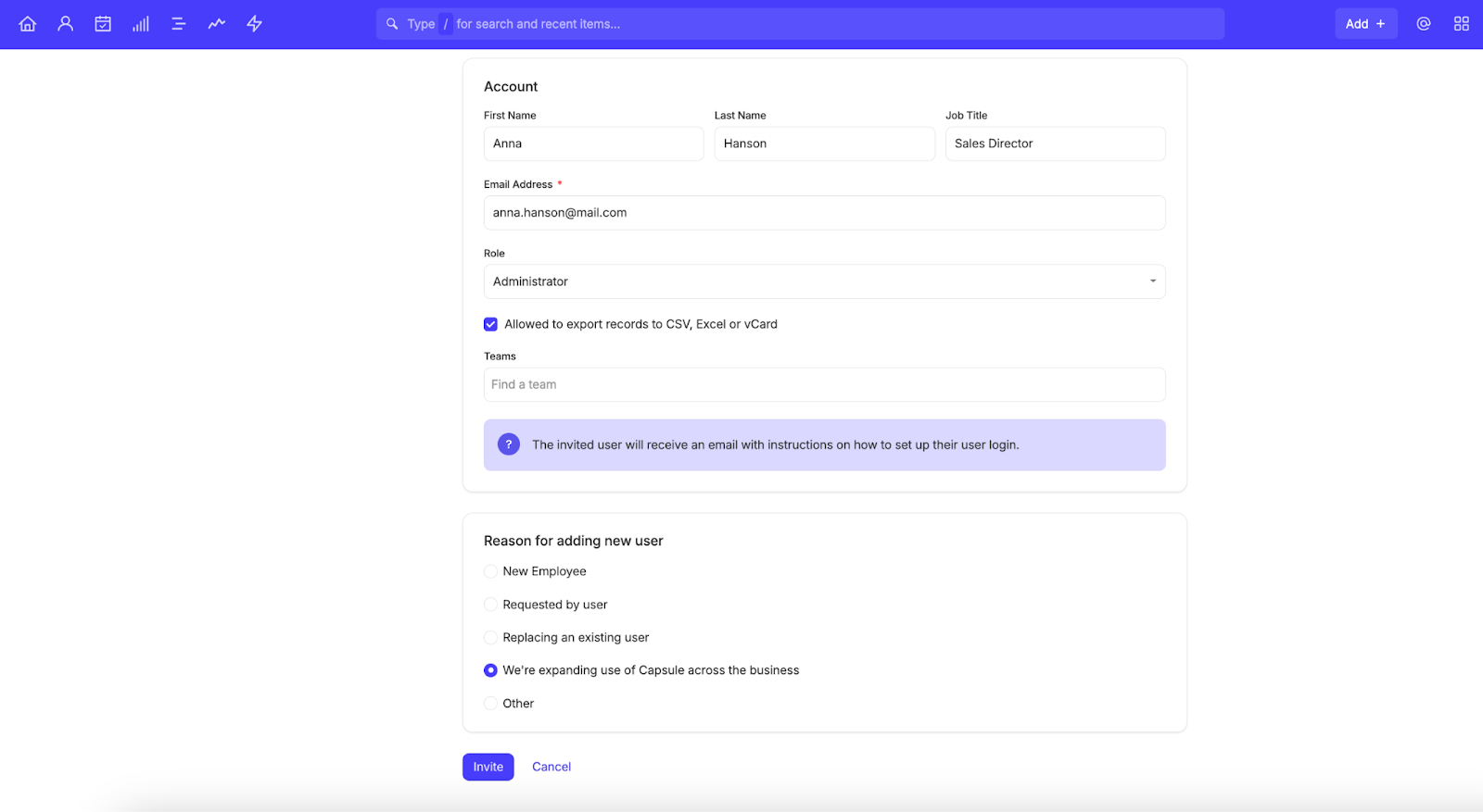 una captura de pantalla muestra la configuración para añadir un nuevo usuario en tu cuenta de Capsule CRM