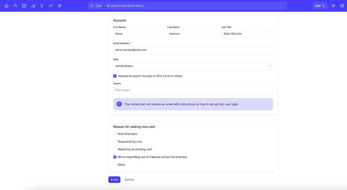 a screenshot shows the settings for adding a new user in your Capsule CRM account