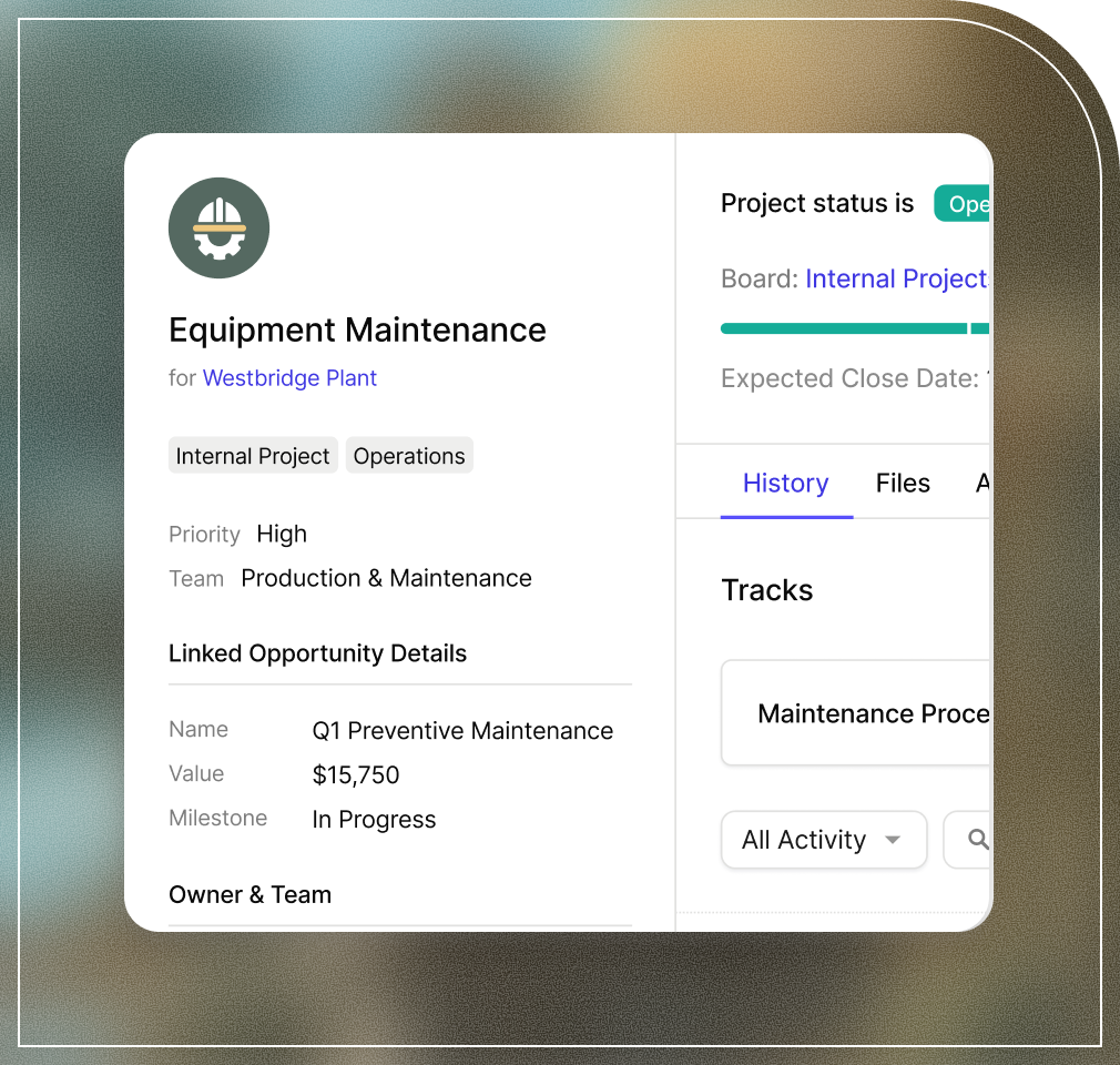 Screenshot of a Capsule CRM project record showing equipment maintenance details, priority level, linked opportunity value, and onboarding workflow tracks