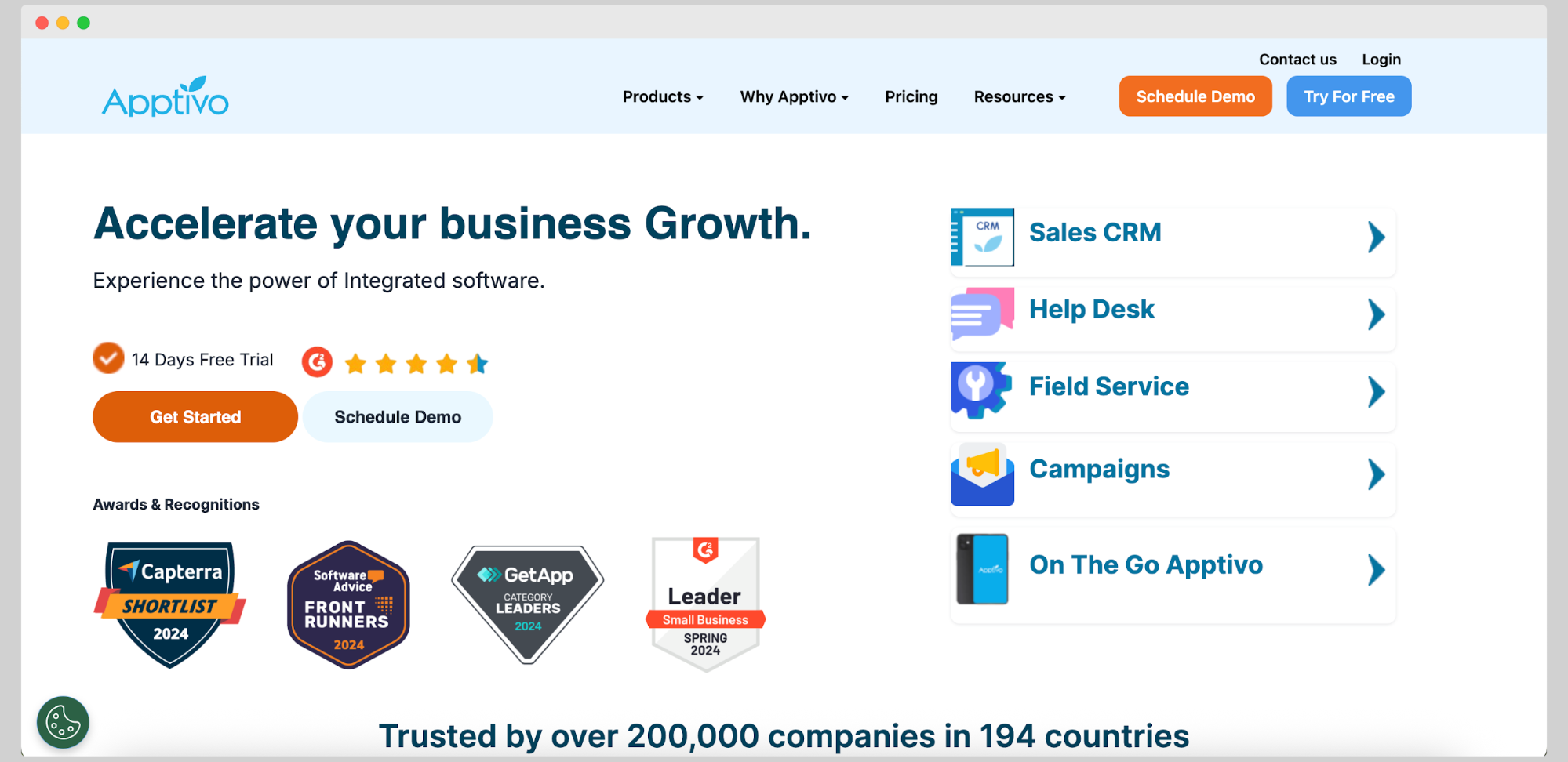 Promotional page for Apptivo CRM highlighting a free trial, app categories like Sales CRM and Help Desk, and several awards including GetApp and G2 Leader badges.