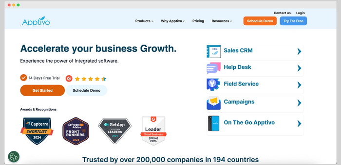 Promotional page for Apptivo CRM highlighting a free trial, app categories like Sales CRM and Help Desk, and several awards including GetApp and G2 Leader badges.