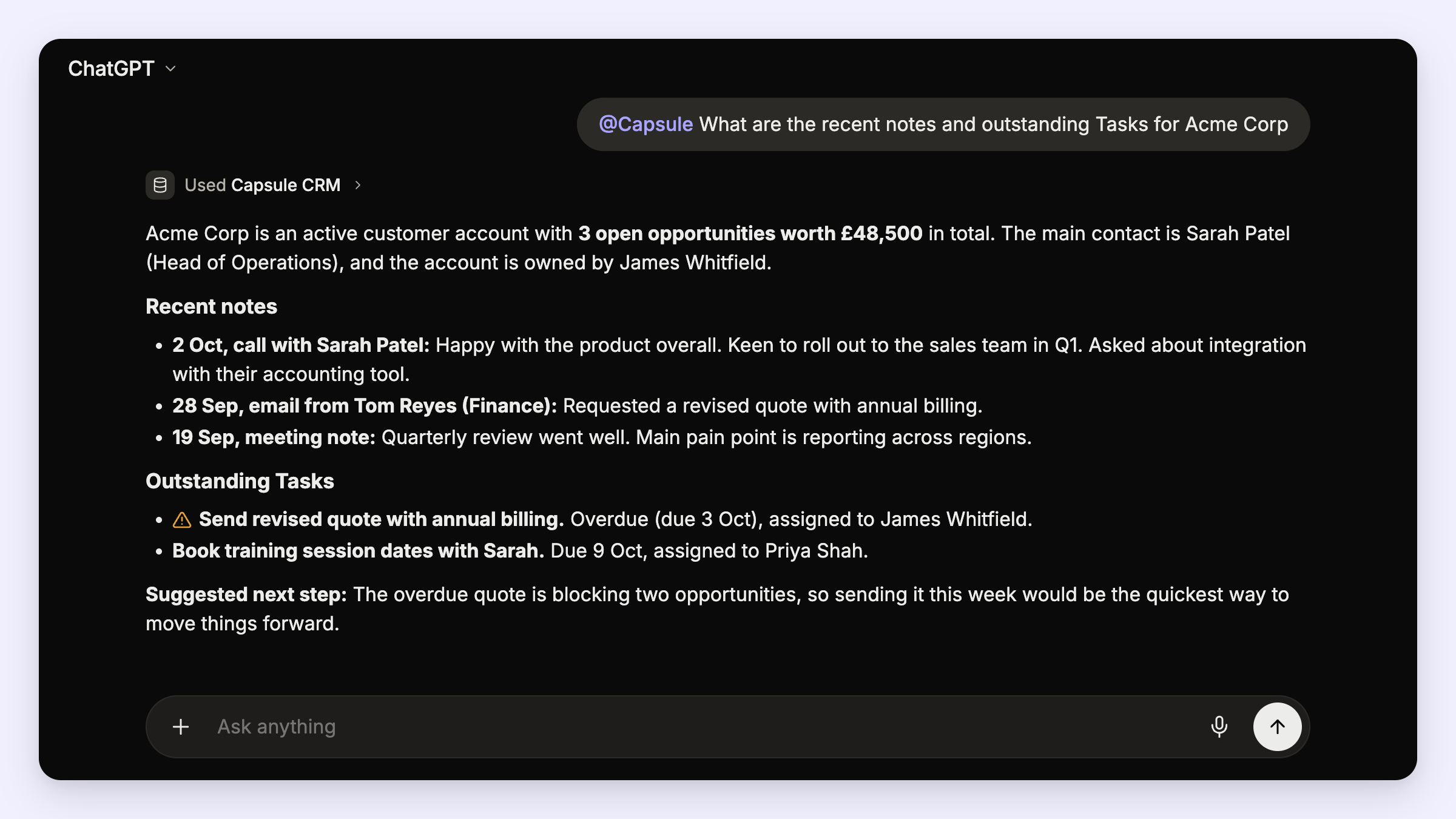 The image shows a user asking ChatGPT to look in Capsule CRM for data for a fictional prospect called Acme Corp. ChatGPT then summarizes opportunities, recent notes, outstanding tasks, and a suggested next step.