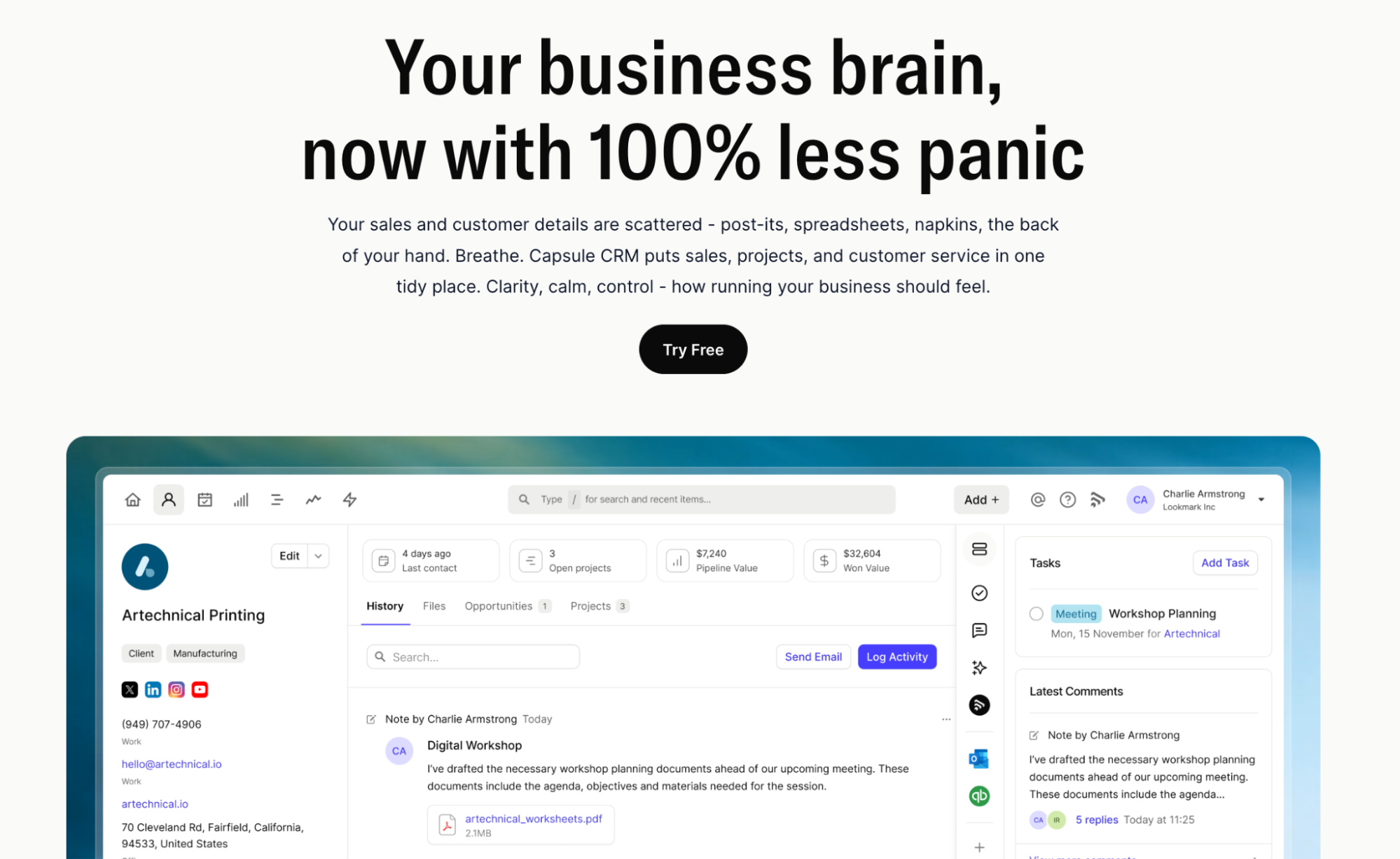 A webpage for Capsule CRM with the headline "Your business brain, now with 100% less panic" and a screenshot of its dashboard managing "Artechnical Printing" client data and tasks.