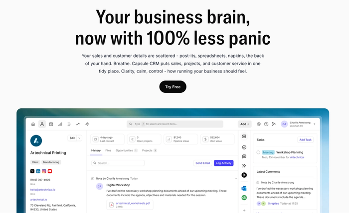 A webpage for Capsule CRM with the headline "Your business brain, now with 100% less panic" and a screenshot of its dashboard managing "Artechnical Printing" client data and tasks.