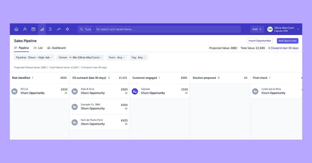 A screenshot of Capsule shows an example Sales Pipeline devoted to your customers at risk of churning