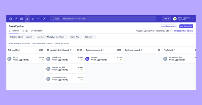 A screenshot of Capsule shows an example Sales Pipeline devoted to your customers at risk of churning