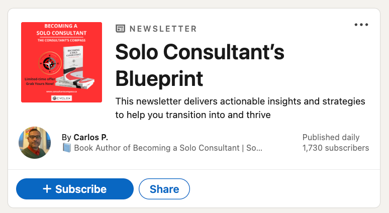 Newsletter card for "Solo Consultant's Blueprint" by Carlos P., featuring a book cover and a subscribe button.