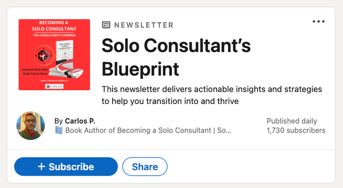 Newsletter card for "Solo Consultant's Blueprint" by Carlos P., featuring a book cover and a subscribe button.