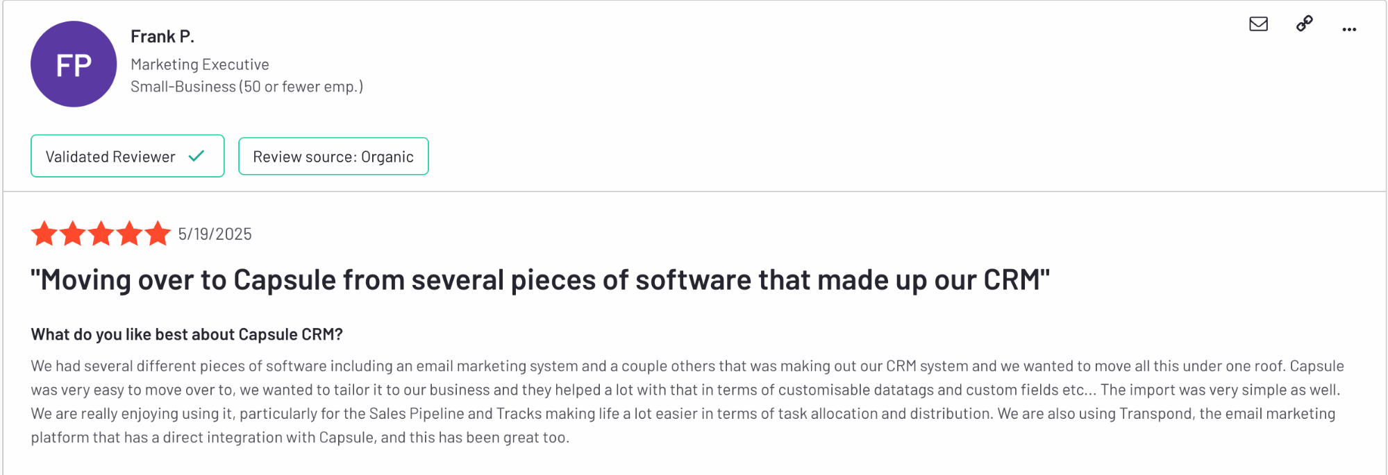 G2 review from Frank P., Marketing Executive, giving Capsule CRM 5 stars. He highlights switching to Capsule from multiple tools, praising easy migration, custom tags, Sales Pipeline, and Tracks for streamlining tasks.