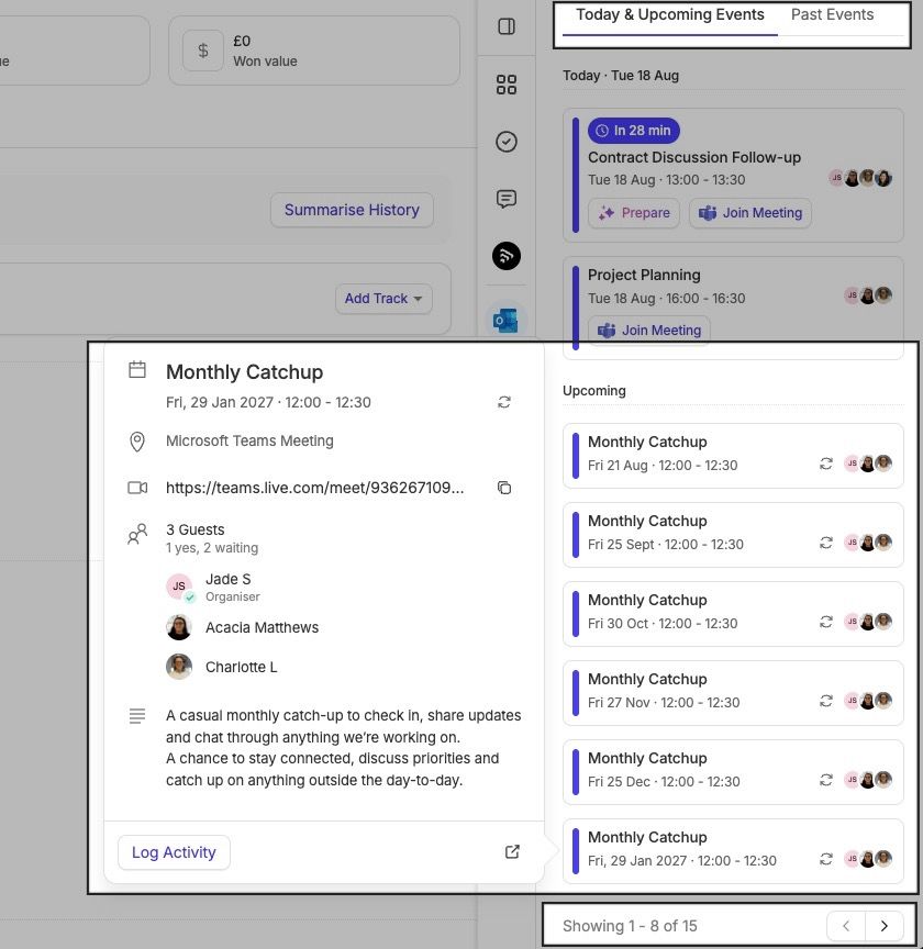 upcoming outlook calendar events section in contact record