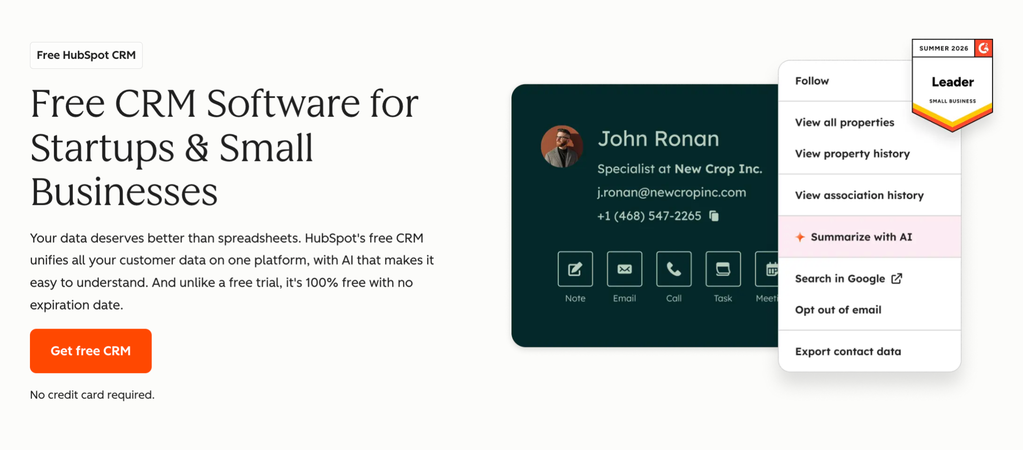 HubSpot's free CRM software ad, featuring a contact card with "Summarize with AI" highlighted, and a "Leader" badge.