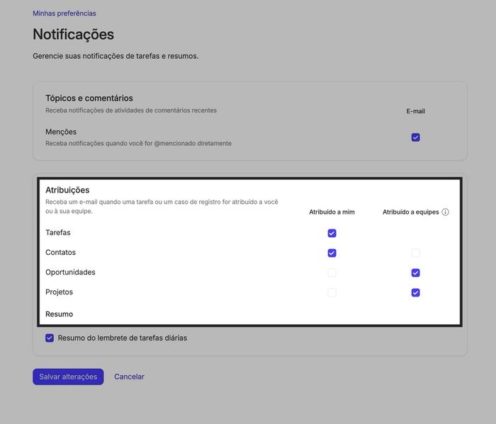 Preferências de lembretes por e-mail