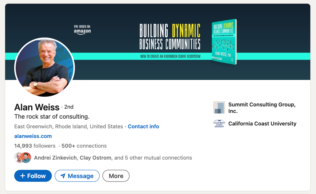 LinkedIn profile for Alan Weiss, showing his smiling photo and a banner for his book "Building Dynamic Business Communities."