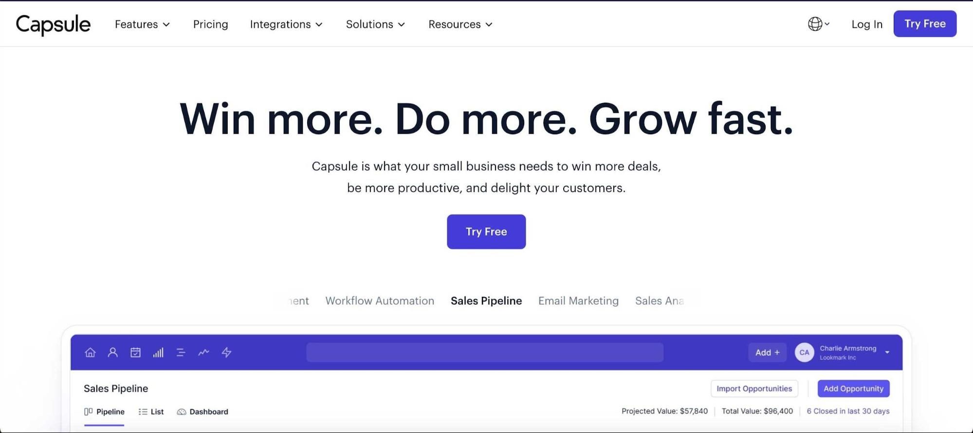 Sitio web de Capsule CRM.