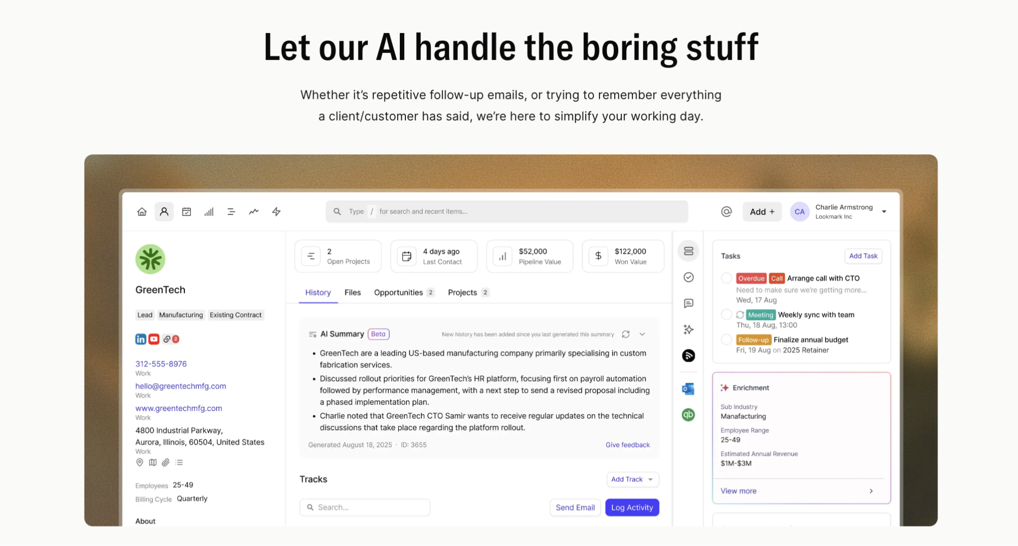 Website page titled 'Let our AI handle the boring stuff,' featuring a software interface with company data, an AI summary, and tasks.