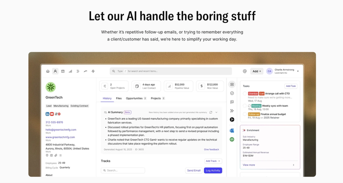 Website page titled 'Let our AI handle the boring stuff,' featuring a software interface with company data, an AI summary, and tasks.