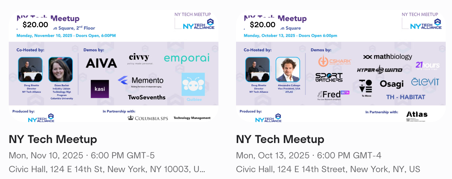 Two NY Tech Meetup event listings, detailing dates, hosts, and companies presenting.