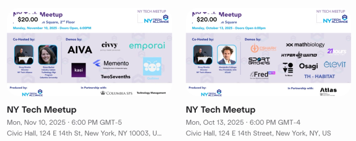 Two NY Tech Meetup event listings, detailing dates, hosts, and companies presenting.
