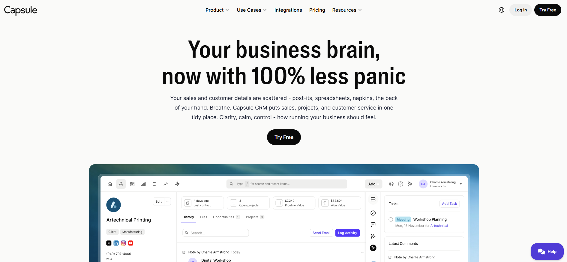 Capsule CRM landing page featuring the headline "Your business brain, now with 100% less panic" and a screenshot of the software interface.