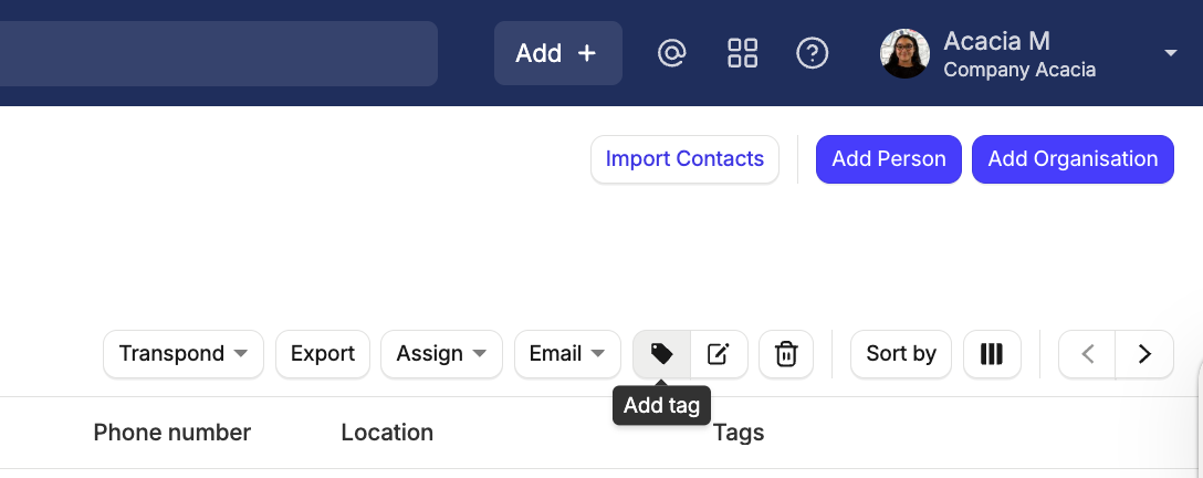 Botón para añadir etiqueta a una lista de contactos de Capsule