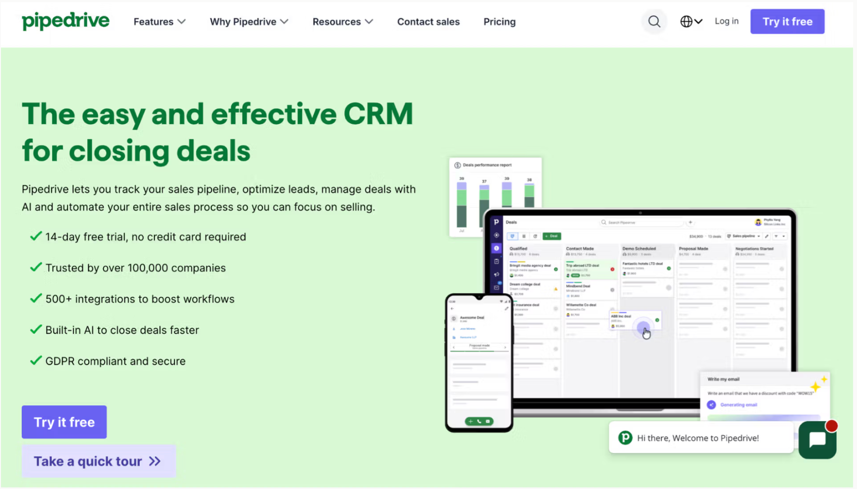 Pipedrive website landing page with CRM software shown on a laptop and smartphone, featuring the headline "The easy and effective CRM for closing deals."