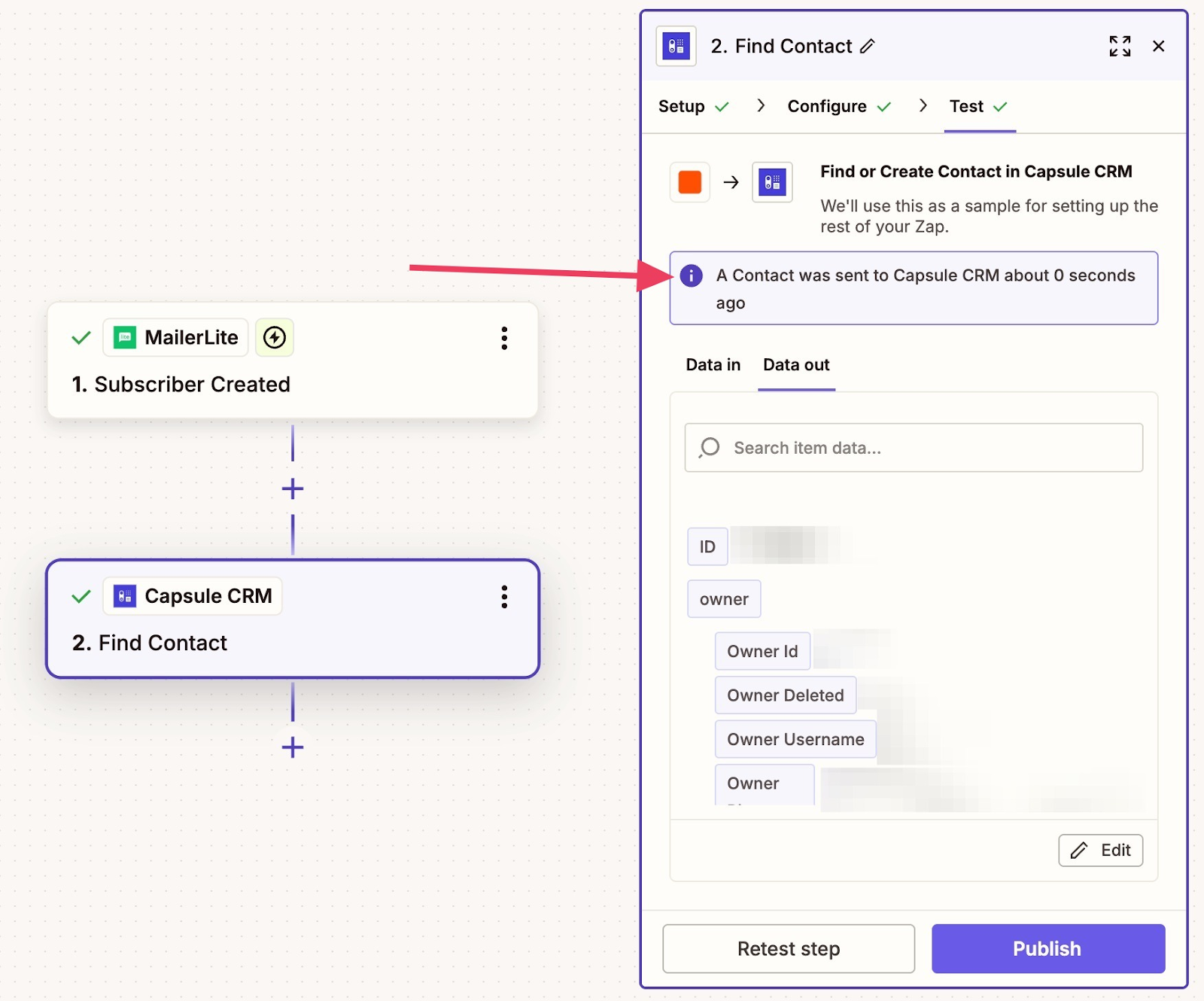 confirmation message in zapier of successful contact added to capsule