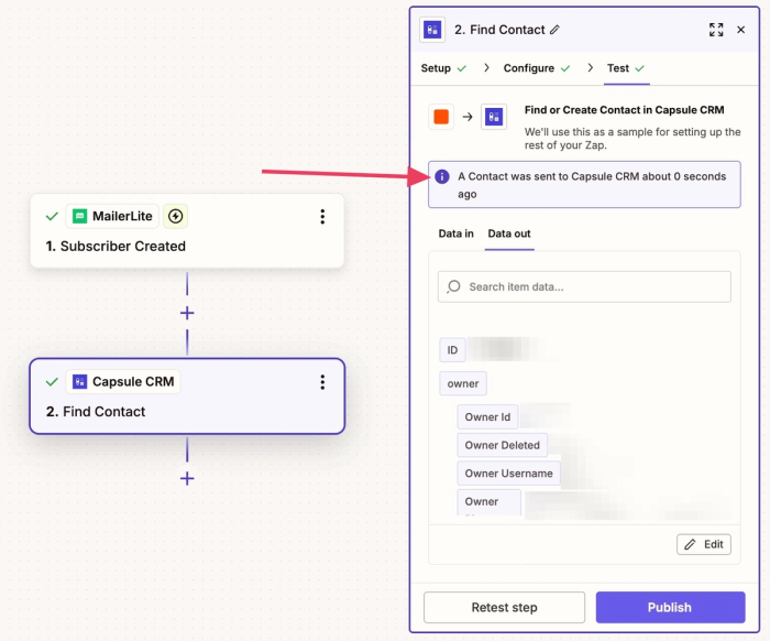 confirmation message in zapier of successful contact added to capsule