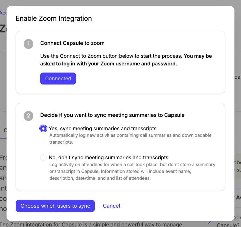 zoom integration transcript sync settings with full transcript sync enabled 