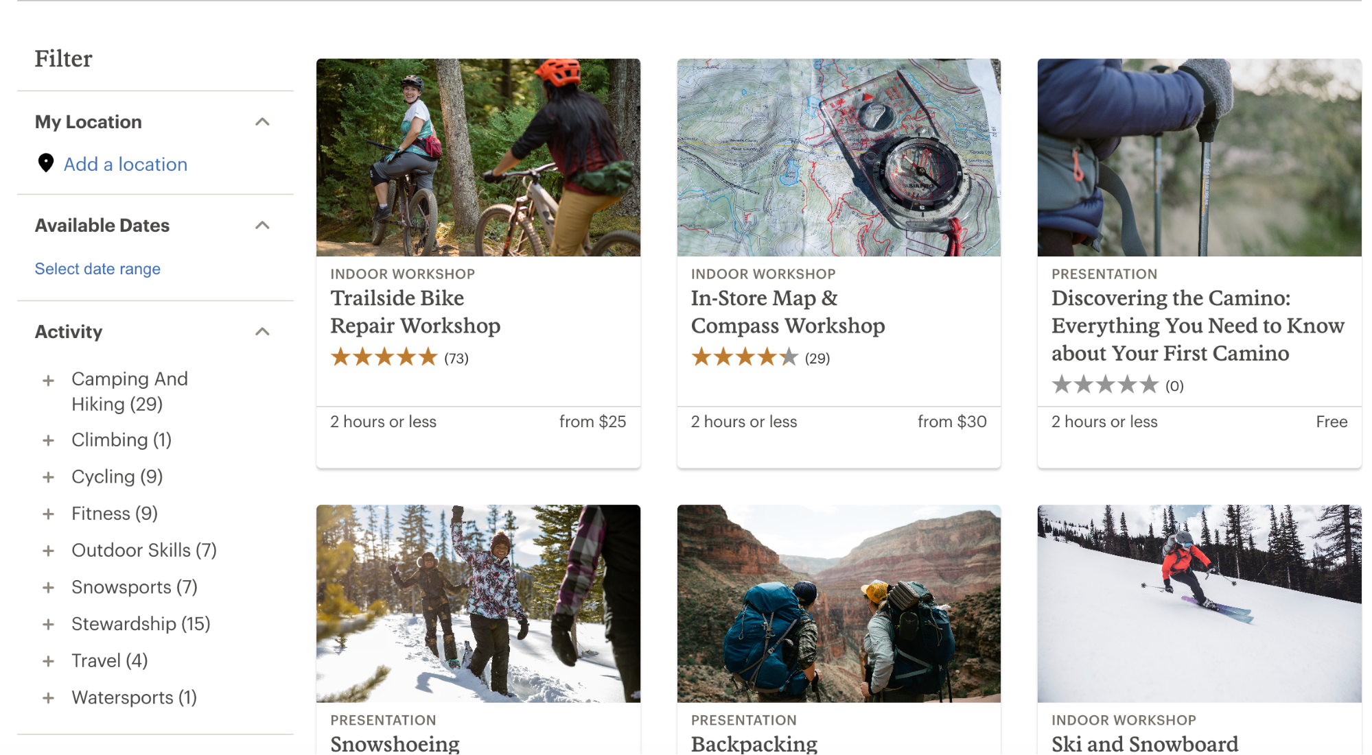 Activity listings page with outdoor workshops and filter sidebar.