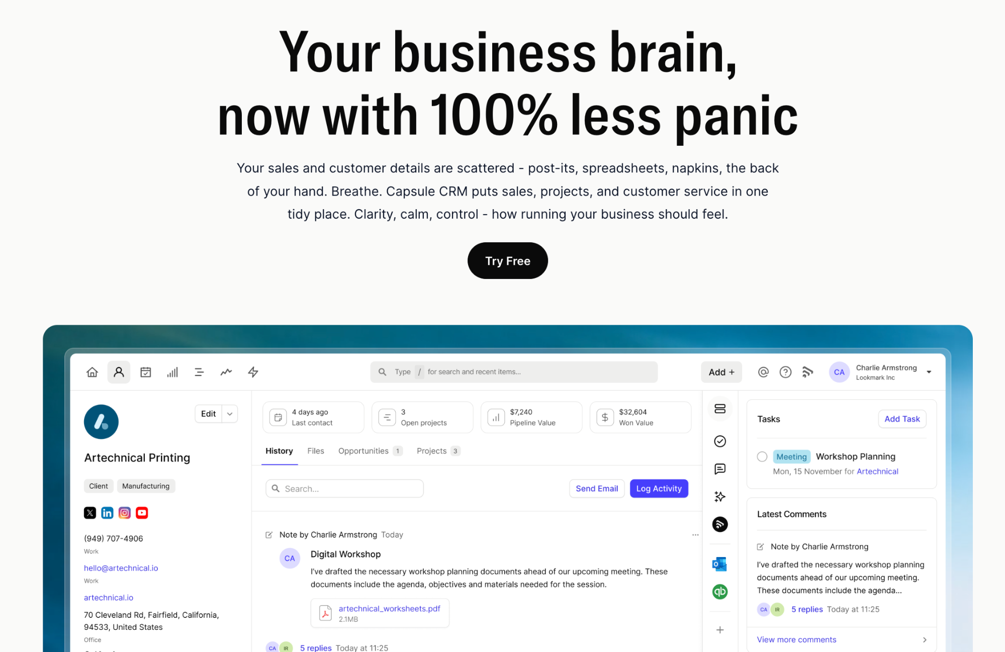 Capsule CRM interface displaying client details, tasks, and project information, with the tagline "Your business brain, now with 100% less panic."