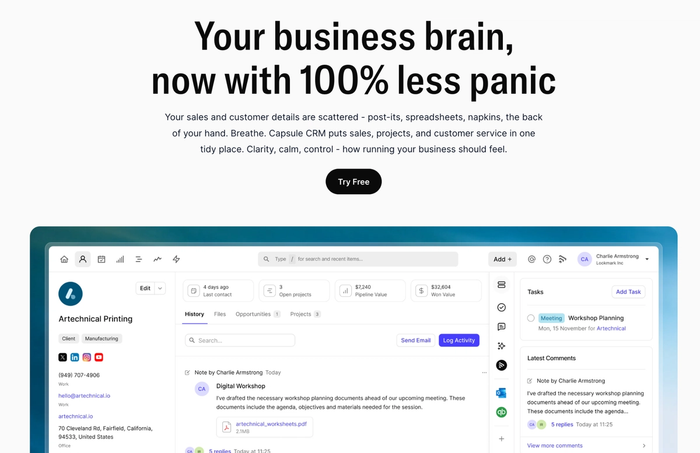 Capsule CRM interface displaying client details, tasks, and project information, with the tagline "Your business brain, now with 100% less panic."